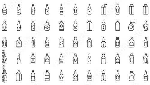 Bottle Line Editable Icon Set. Containing Water Bottle, Glass Bottle, Plastic Bottle, Spray, Cosmetic, Beverage and More. Editable Stroke. Vector Illustration