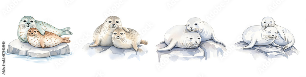 Obraz premium Adorable watercolor seal pairs cuddling an arctic animal illustration set with a transparent background