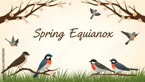 Spring Equinox illustration with birds and blooming branches symbolizing new beginnings and seasonal change for nature and celebration themes