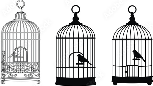 Detailed Collection of Vintage Birdcage Illustrations in Outline and Silhouette Styles Featuring a Small Bird Perched Inside for Decorative Interior Design and Wedding Decor