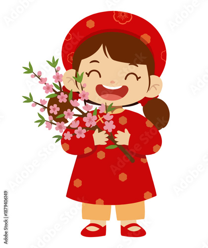 A lovely little girl in traditional attire holding cherry blossoms.