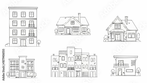 Collection of Hand Drawn Architectural Building Styles.