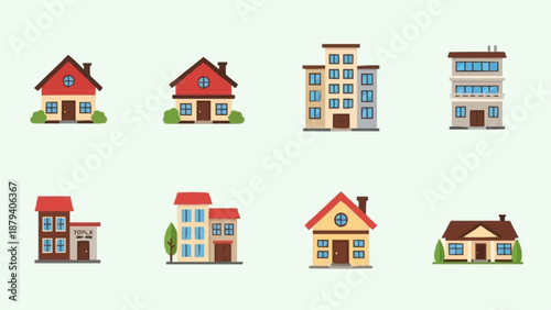 Collection of diverse residential and commercial buildings in flat design style.