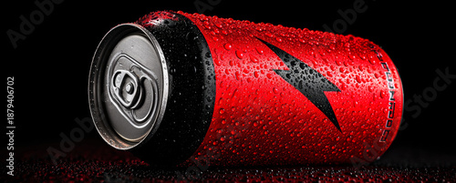 Red energy drink can with glossy surface, ice-cold appearance, and lightning bolt logo