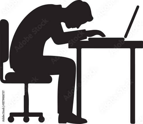 Exhausted worker silhouette at laptop, symbolizing burnout, overwork, and work stress in a corporate or office environment