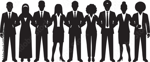 Diverse business people and professionals standing together, linking arms in a symbol of unity, teamwork, and global collaboration, representing an inclusive workforce and multicultural partnership