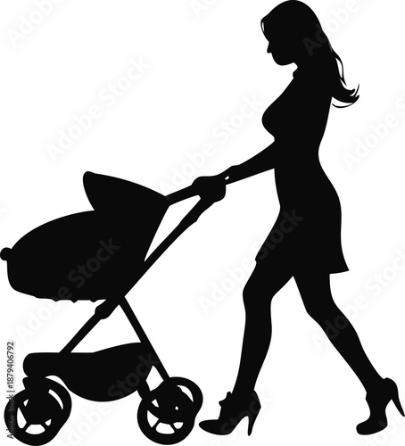 Silhouette Of A Mother Pushing A Stroller