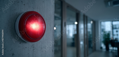 Red fire alarm light mounted on wall in indoor building corridor with glass doors and reflections