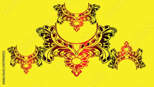 Set of luxury ornamental red and black gradient neckline embroidery designs on a yellow background

