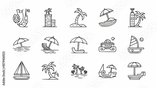Collection of beach and summer vacation icons.