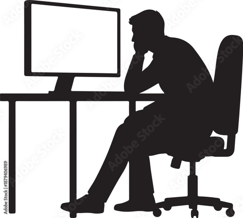 Silhouette of a man sitting at a desk with a computer, deep in thought, representing concepts of focused work, contemplation, problem-solving, or digital fatigue