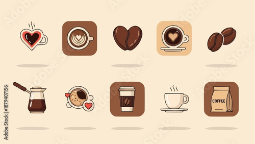 Collection of coffee related icons and symbols for design.