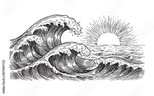 stylized crashing ocean waves with a rising sun on the horizon in a vintage woodcut style.