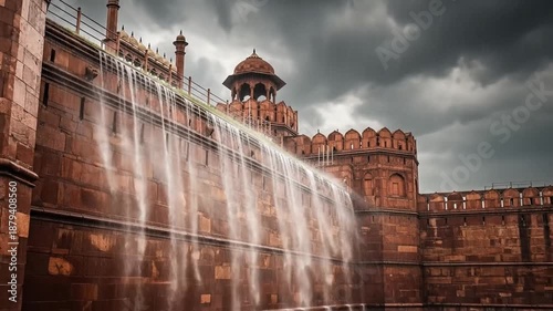 Red Fort in Delhi during Monsoon Season with Water Cascading Down the Walls Beautifully shot