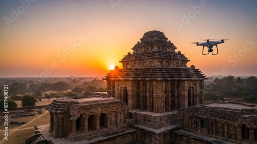 Drone footage of Konark Sun Temple at sunrise, revealing intricate architecture and cultural