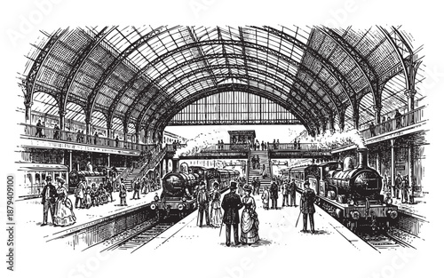 Canvastavla Victorian train station interior with steam trains, passengers on platforms, and a large arched roof in a vintage woodcut style