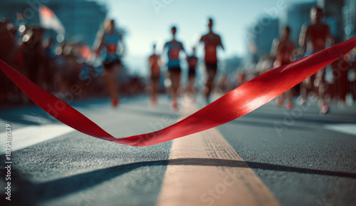 Wallpaper Mural Red ribbon at the finish line of a city street race with blurred runners in the background Torontodigital.ca