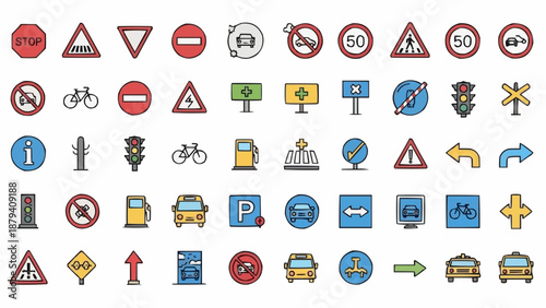 Collection of Road Signs and Traffic Signals Icons.