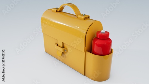 Plastic Yellow School Lunchbox with a Red Water Bottle.