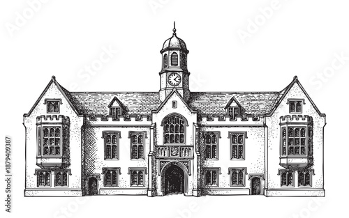 Foto historic brick building, possibly a school or manor, featuring a central clock tower and bay windows in a vintage woodcut style