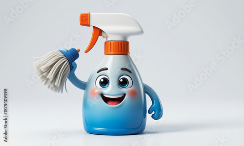 Cute 3D cleaning character happy spray bottle with simple face soft plastic texture  Generative AI
