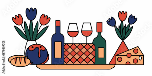 a tray with wine bottles and glasses cheese and flowers