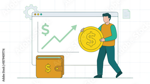 Man managing finances online, showing investment growth and savings concept