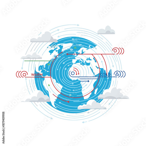 A blue and white globe with red and blue graphics