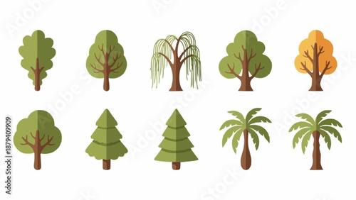 Collection of Diverse Flat Design Trees Isolated on White Background.