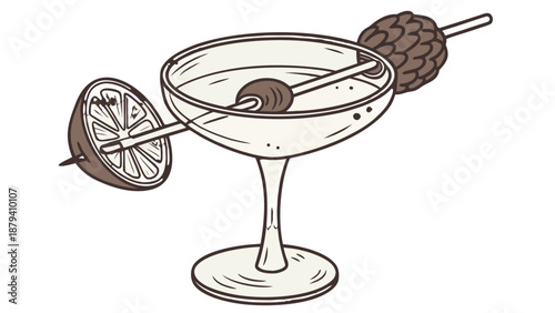 Black and White Sketch of a Margarita with Salt Rim and Lime,  A black and white sketch illustration of a margarita cocktail in a glass with a salt rim and a slice of lime