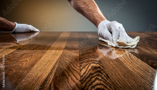 Closeup of hands in gloves polishing a wooden surface to a high sheen.