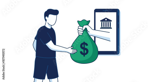 Online banking concept: Man receives money bag from smartphone app hand