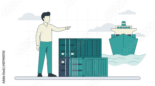 Global shipping and logistics concept with worker, cargo containers, and vessel