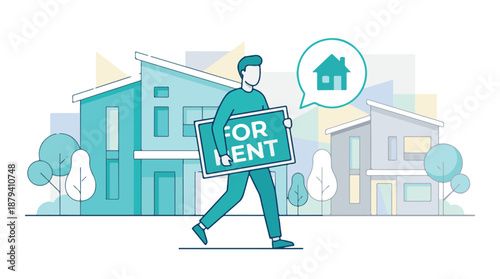 Property rental service concept with man holding 'For Rent' sign and houses