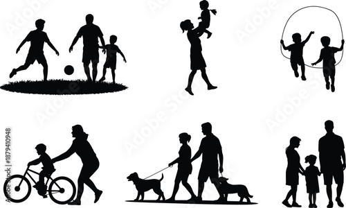 Family outdoor activities silhouettes vector set, parents and children playing football, skipping rope, cycling, walking dogs together, happy parenting lifestyle, black flat illustration