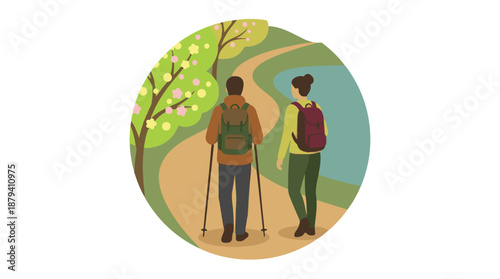 Illustration of hikers exploring a lakeside path surrounded by nature