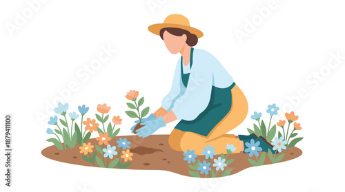 Woman Planting Flowers in a Garden, Spring Gardening Hobby Illustration