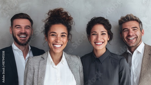 Four diverse and happy business professionals, two men and two women, smiling broadly and looking at the camera, representing teamwork and success.