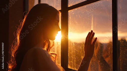 Pensive woman looking out window at golden sunset