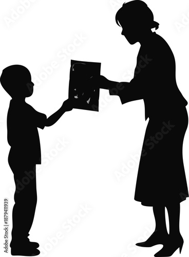 Boy Showing A Drawing To His Grandma Silhouette