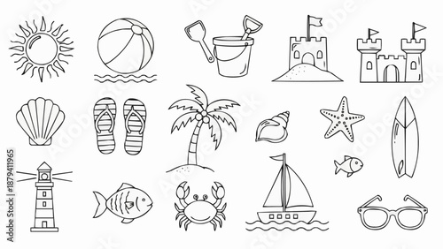 Collection of Hand Drawn Beach and Summer Icons.