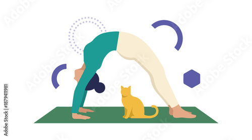 Minimalist illustration of a person in a yoga pose with a cat on a mat