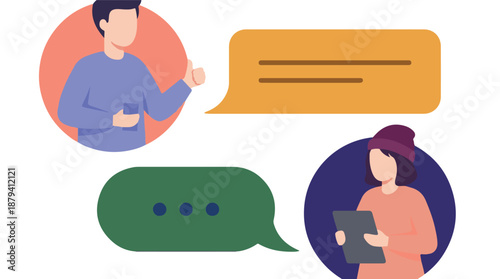 People communicating online with chat bubbles and digital devices