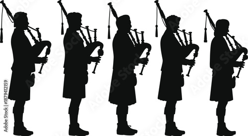 Bagpipe player silhouettes collection, traditional Scottish musicians performing in profile poses, cultural folk music theme, black flat vector illustration isolated on white background