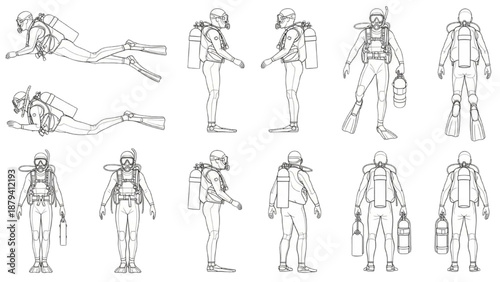 Detailed Vector Outline Illustrations of Scuba Divers in Various Poses and Essential Diving Gear