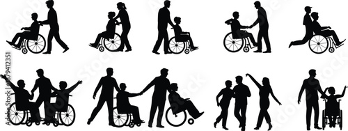 Black silhouette caregivers assisting wheelchair users, disability support and mobility care concept, patient transportation scenes, healthcare helper figures, inclusive social aid vector illustration
