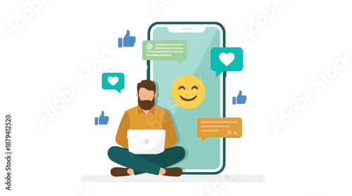 Man interacting with social media and digital technology illustration
