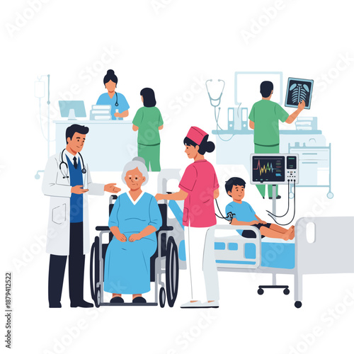 A hospital scene with medical staff attending to patients