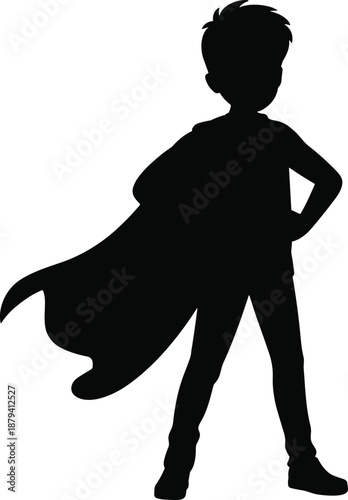 Black silhouette superhero boy standing confidently, child imagination power concept, brave kid hero pose, fantasy leadership symbol, inspirational childhood creativity vector illustration