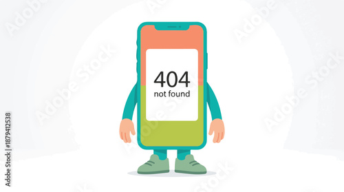 Cartoon smartphone character displaying 404 not found error page